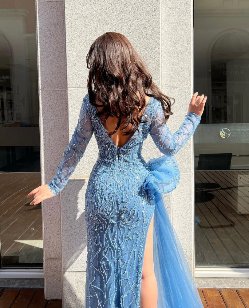Evening dress with sky blue beads, side slit