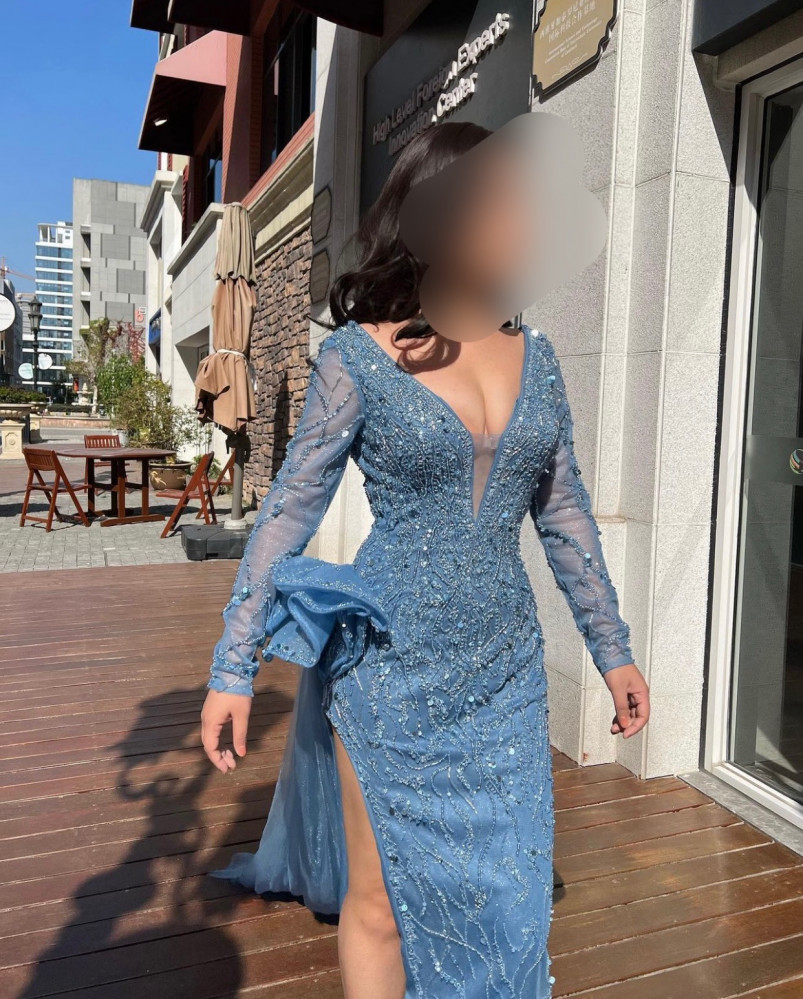 Evening dress with sky blue beads, side slit