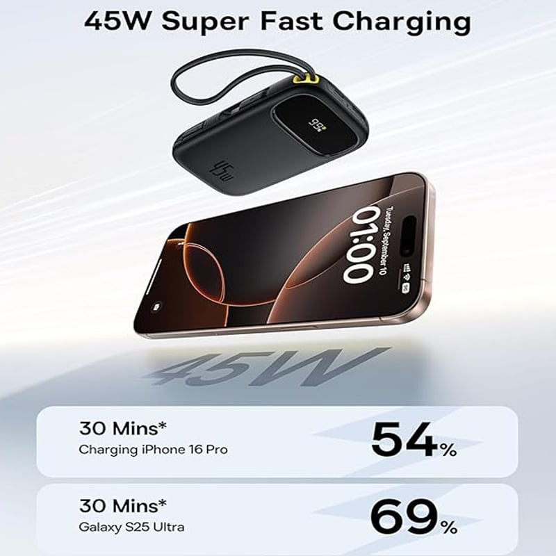 شاحن متنقل بيسوس 10,000mAh بقوة 45W فائق السرعة وبسلك Type-C مدمج