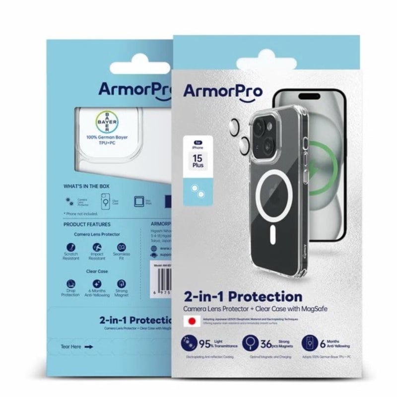ArmorPro 2-in-1 protective cover + camera protection lenses for iPhone 15 Plus releases - transparent ArmorPro