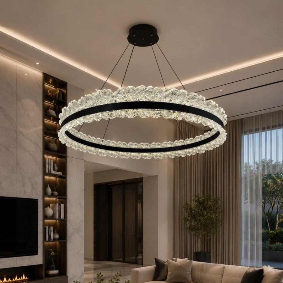 ثريا كريستال دائرية فاخرة LED بحلقات سوداء للمجالس والفلل -