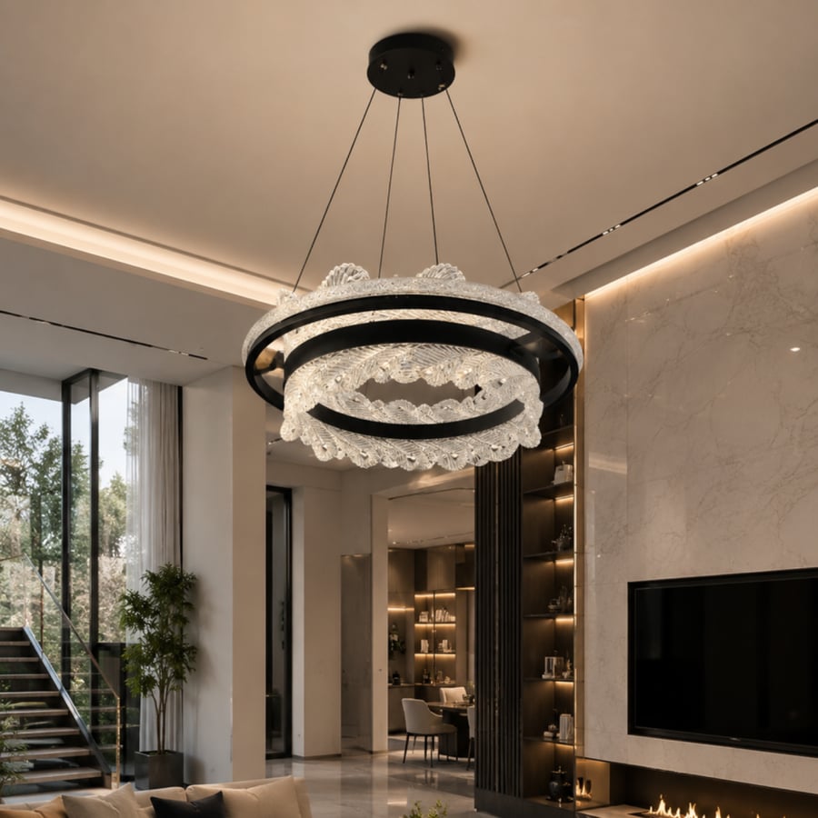 ثريا كريستال مودرن بحلقات دائرية سوداء LED – تصميم فاخر للصالات والمجالس -