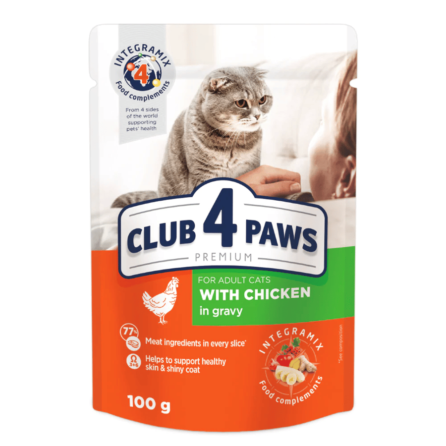 طعام رطب للقطط البالغة دجاج في المرق 100 جرام من شركة CLUB4PAWS