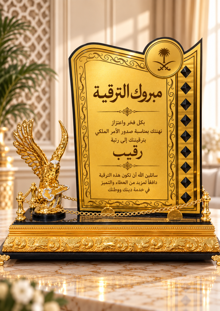 درع ذهبي مبروك الترقية مع مجسم صقر
