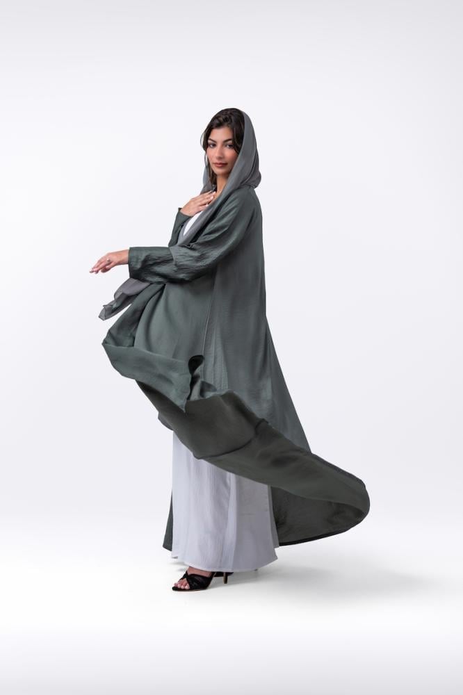 عبايات نسمة زيتي غامق كلوش حرير مغسول من عبايات جدة أربن Jeddah Urban Abayas