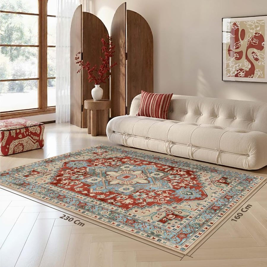 Rusty Red Turquoise Rug | Heritage Geometric Tribal Pattern | Multiple Sizes