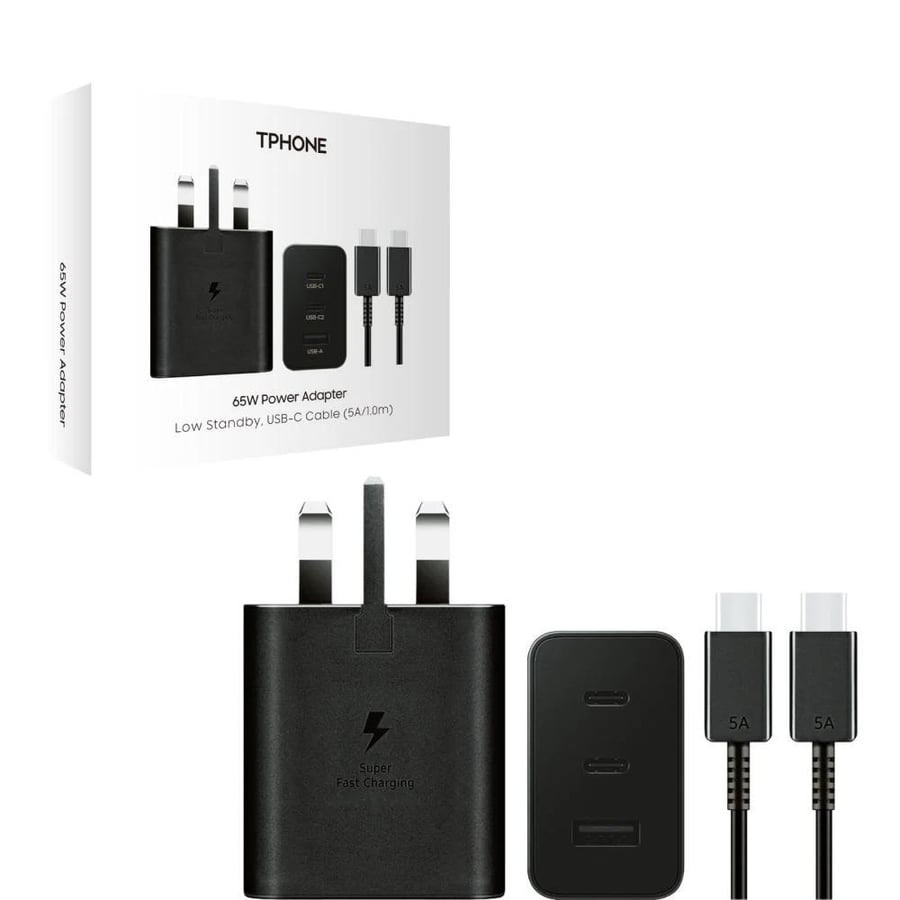 شاحن حائط TPHONE بقوة 65 واط، مزود بثلاثة منافذ (PD + USB) وكابل من النوع C إلى النوع C