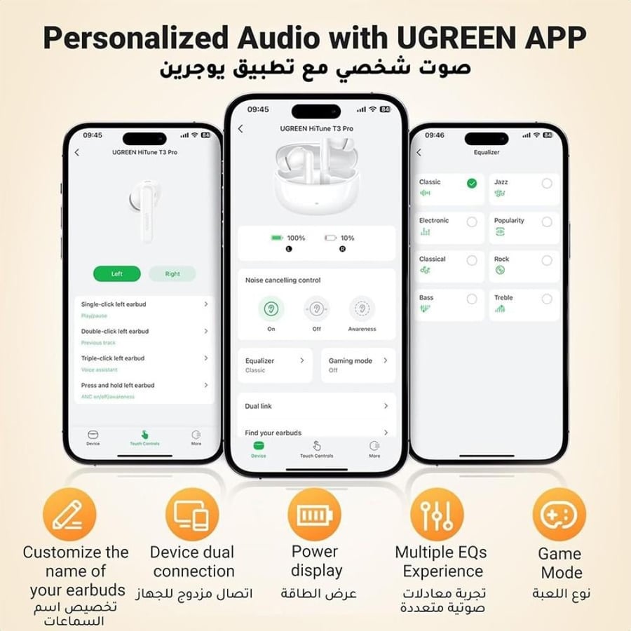 يوجرين سماعة أذن لاسلكية HiTune T3 Pro مع خاصية إلغاء الضوضاء النشط - أبيض