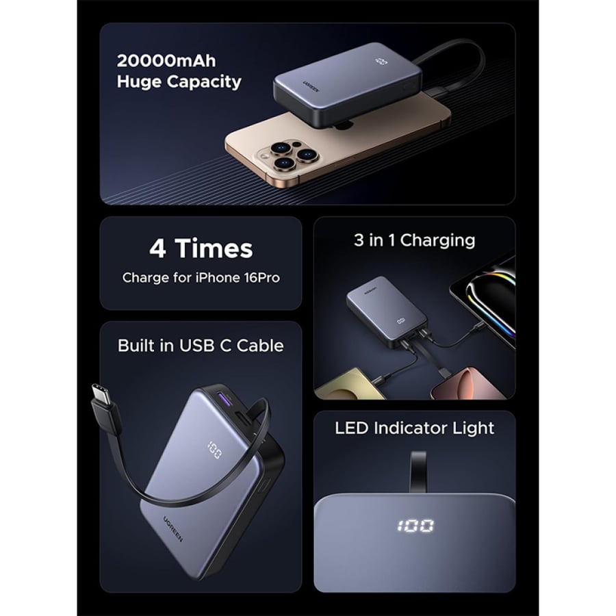يوجرين شاحن متنقل بمنفذين USB-C ومنفذ USB مع سلك مدمج بسعة 20000 مللي أمبير وبقوة 20 واط - رمادي