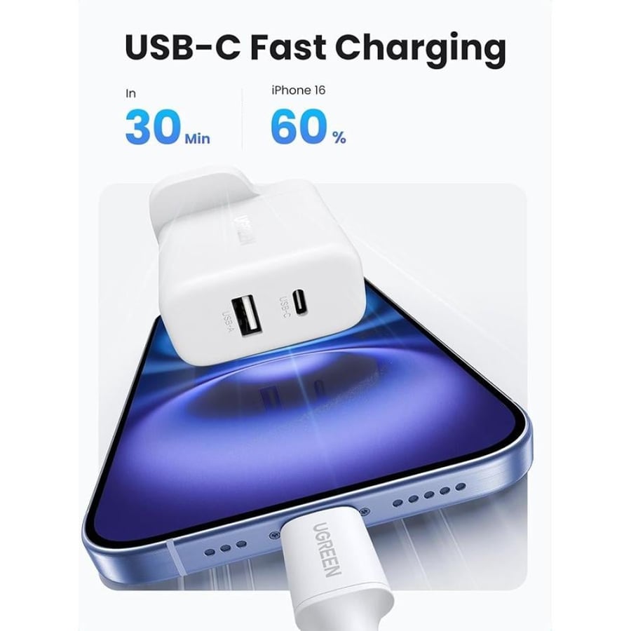 يوجرين شاحن جداري بمنفذ USB-C ومنفذ USB وبقوة 20 واط - أبيض