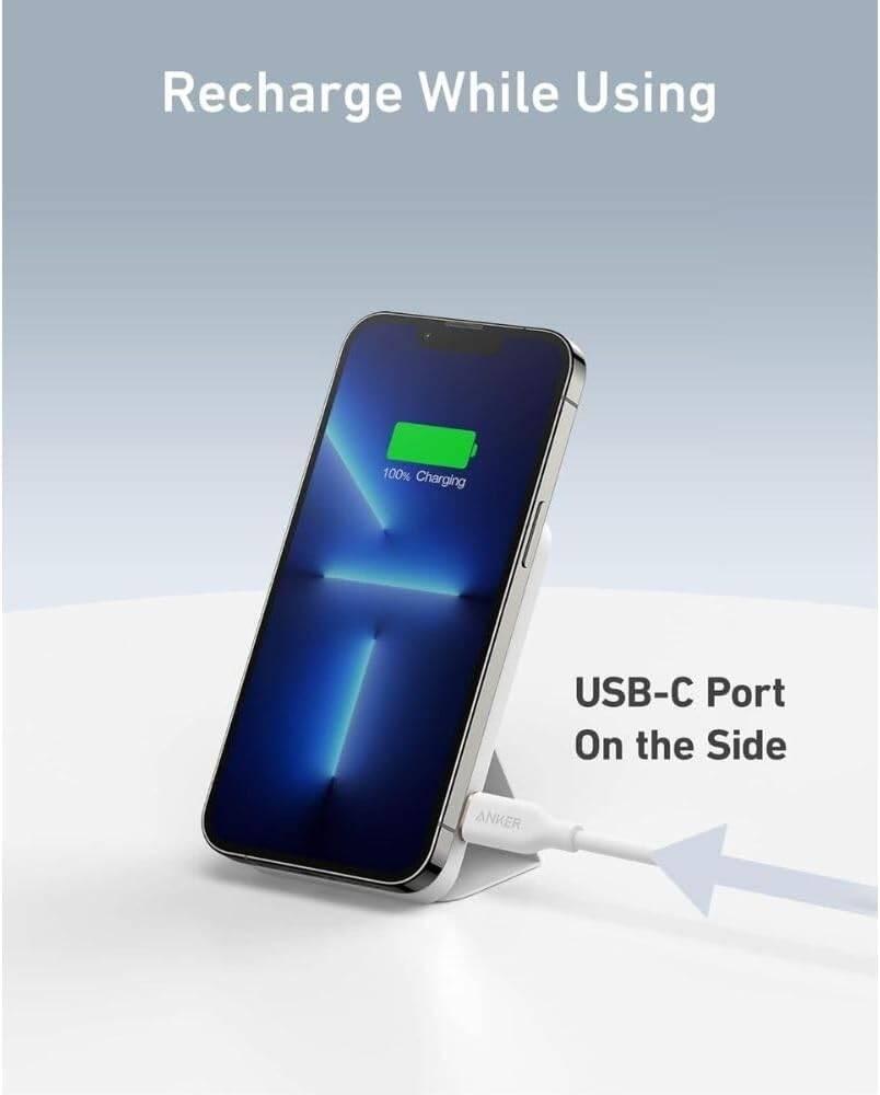 أنكر شاحن متنقل مع حامل قابل للطي، MagGo بسعة 5000 مللي أمبير، وقوة 7.5 واط، مزود بمنفذ USB-C لون ابيض