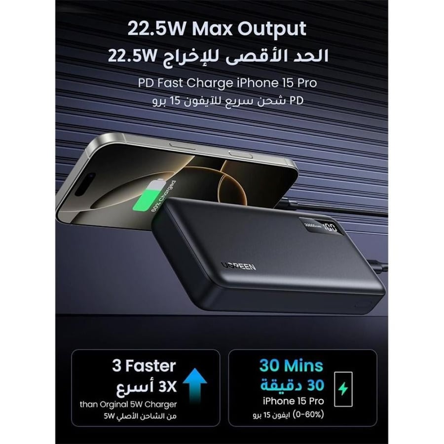 يوجرين شاحن متنقل بمنفذ USB-C ومنفذين USB بقوة 22.5 واط وبسعة 20000 مللي أمبير يدعم خاصية الشحن السريع - أسود