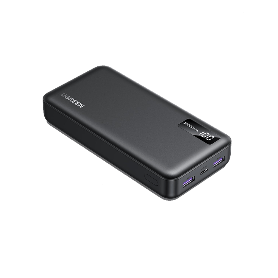 يوجرين شاحن متنقل بمنفذ USB-C ومنفذين USB بقوة 22.5 واط وبسعة 20000 مللي أمبير يدعم خاصية الشحن السريع - أسود