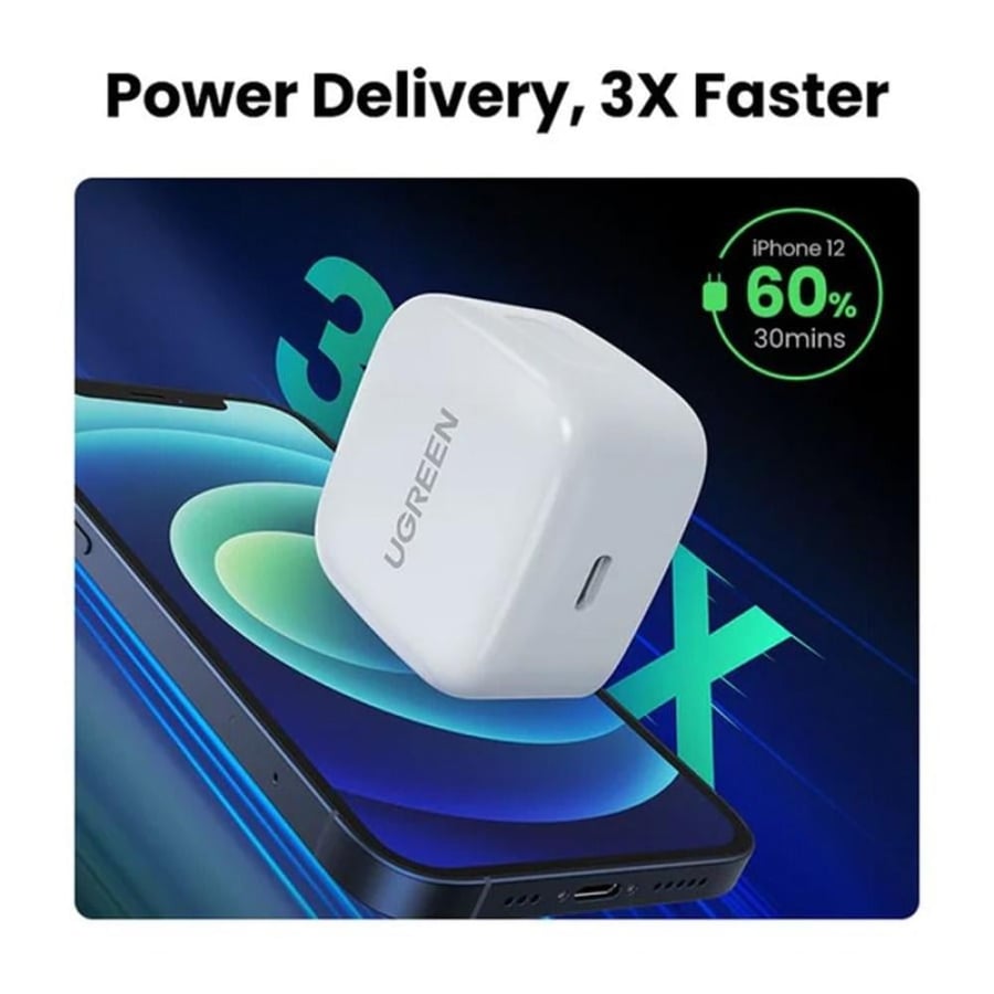 يوجرين شاحن جداري بمنفذ USB-C وبقوة 20 واط مع سلك USB-C إلي USB-C - أبيض