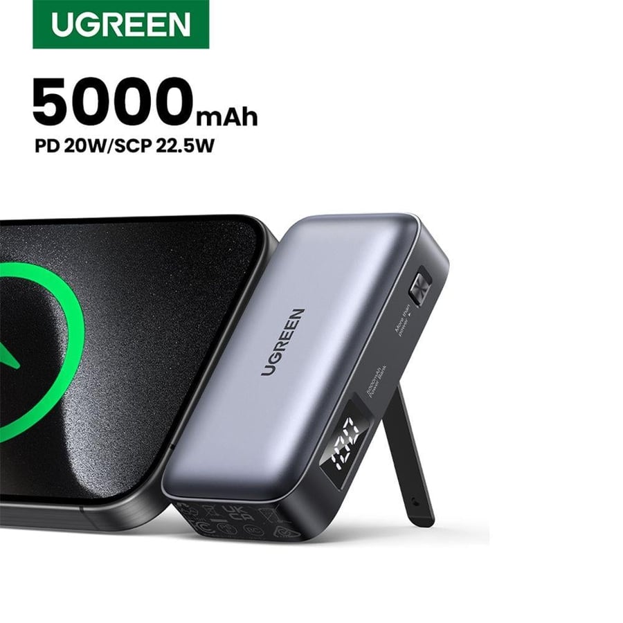 يوجرين شاحن متنقل بـUSB-C مدمج ومنفذ USB-C بسعة 5000 مللي أمبير وبقوة 22.5 واط - رمادي