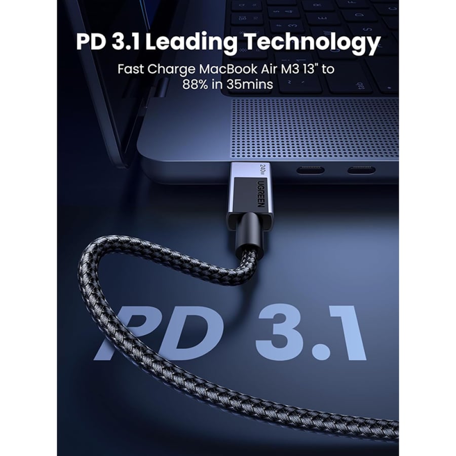 يوجرين سلك شاحن USB-C إلى USB-C مظفر بقوة 240 واط وبطول 2 م - رمادي