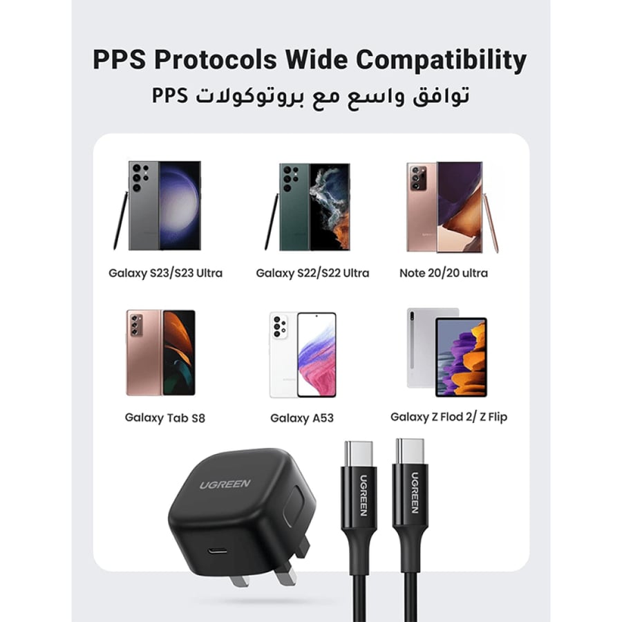 يوجرين شاحن جداري بمنفذ USB-C بقوة 25 واط مع سلك USB-C بطول 2 م - أسود