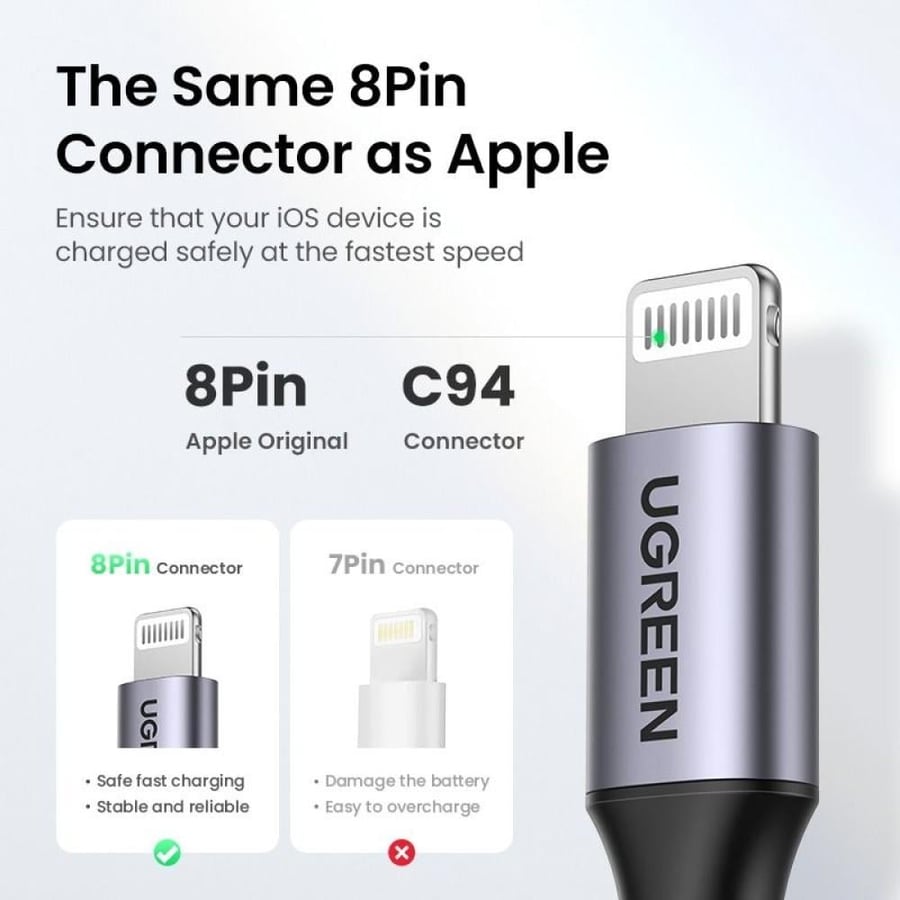 يوجرين سلك شاحن  من USB-C إلى آيفون مضفر بطول 2 م - أسود