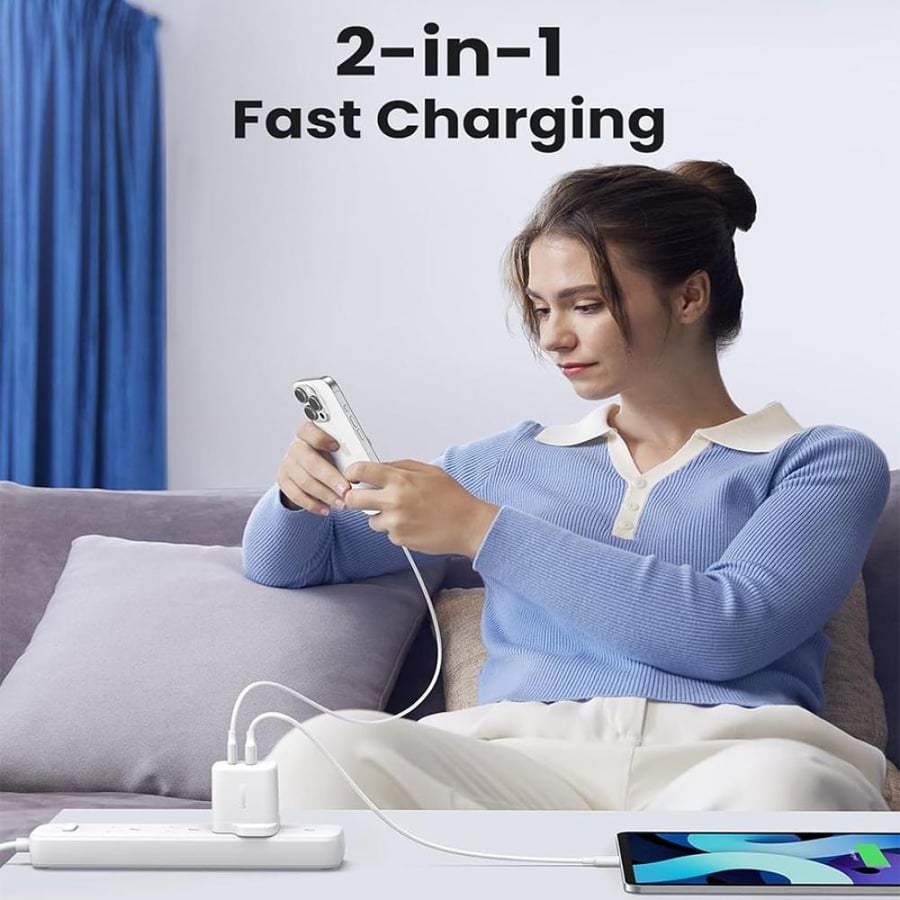 يوجرين شاحن جداري بمنفذ USB-C ومنفذ USB وبقوة 20 واط - أبيض