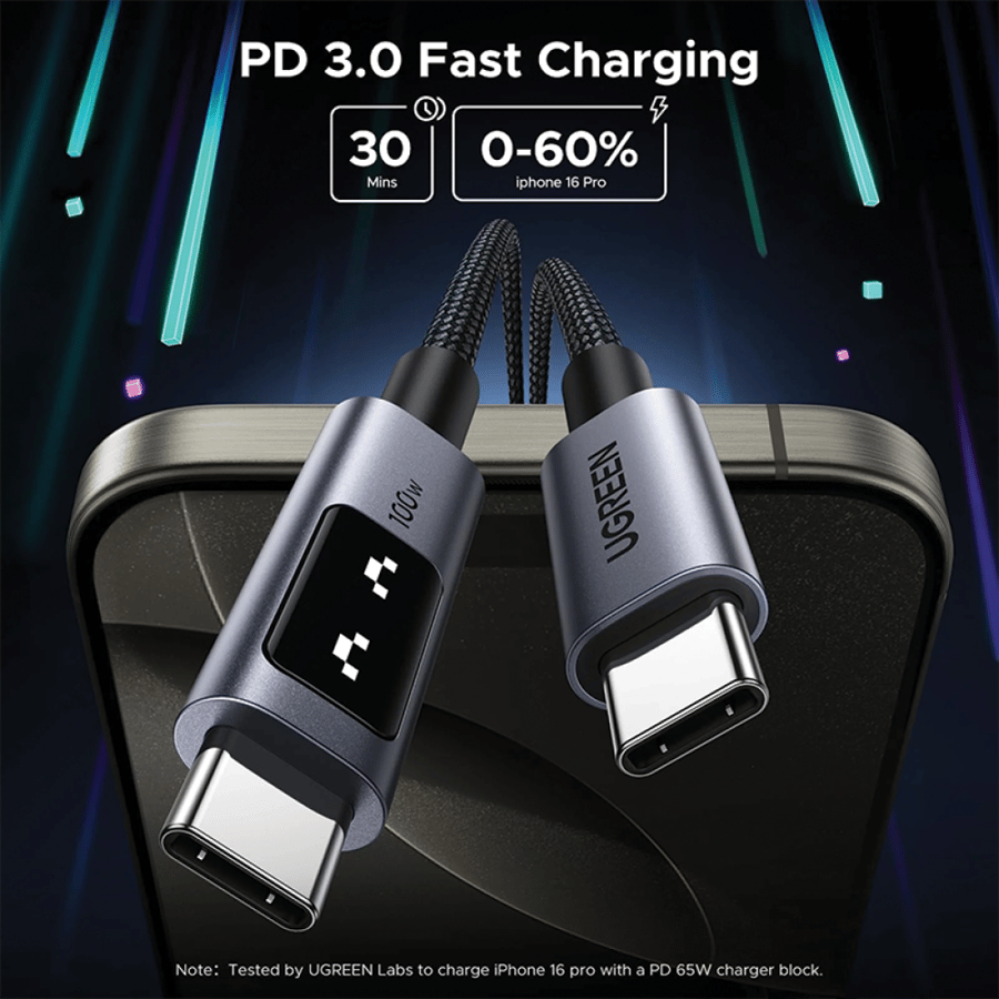 يوجرين سلك شاحن Uno من USB-C الى USB-C بطول 1 م وبقوة 100 واط - أسود