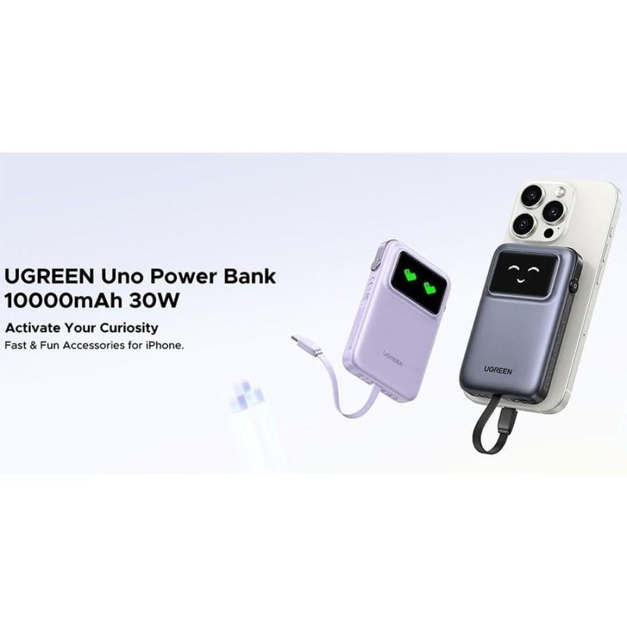 يوجرين شاحن متنقل Uno بمنفذ USB-C ومنفذ USB مع سلك مدمج بسعة 10000 مللي أمبير بقوة 30 واط - رمادي