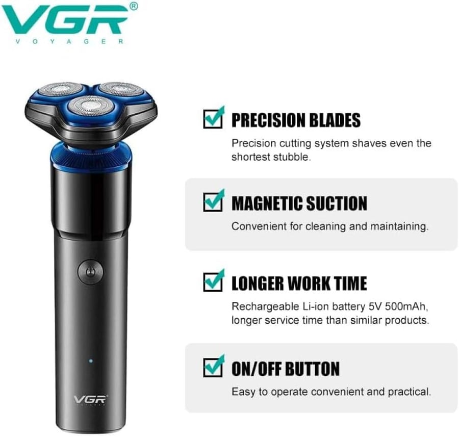 ماكينة حلاقة - تنعيم VGR - V-325 - بـ3 رؤوس، ماكينة حلاقة دوارة رطبة وجافة للرجال مع شفط مغناطيسي