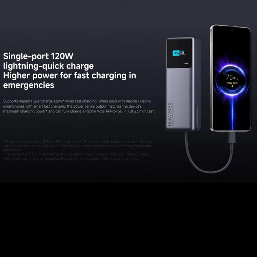 باور بنك شاومي بقوة 165 واط وسلك USB-C مدمج ثنائي المنافذ USB-C وبسعة 10000 مللي أمبير - رمادي