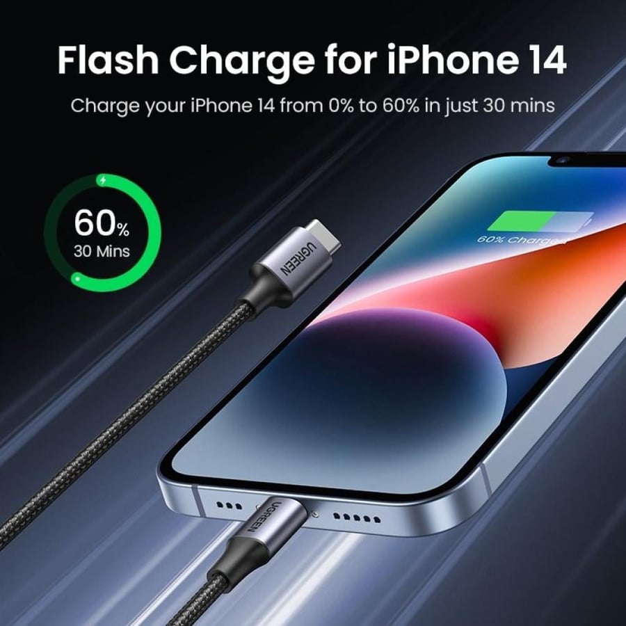 يوجرين سلك شاحن نايلون مظفر USB|C إلى آيفون بطول 1 م | أسود