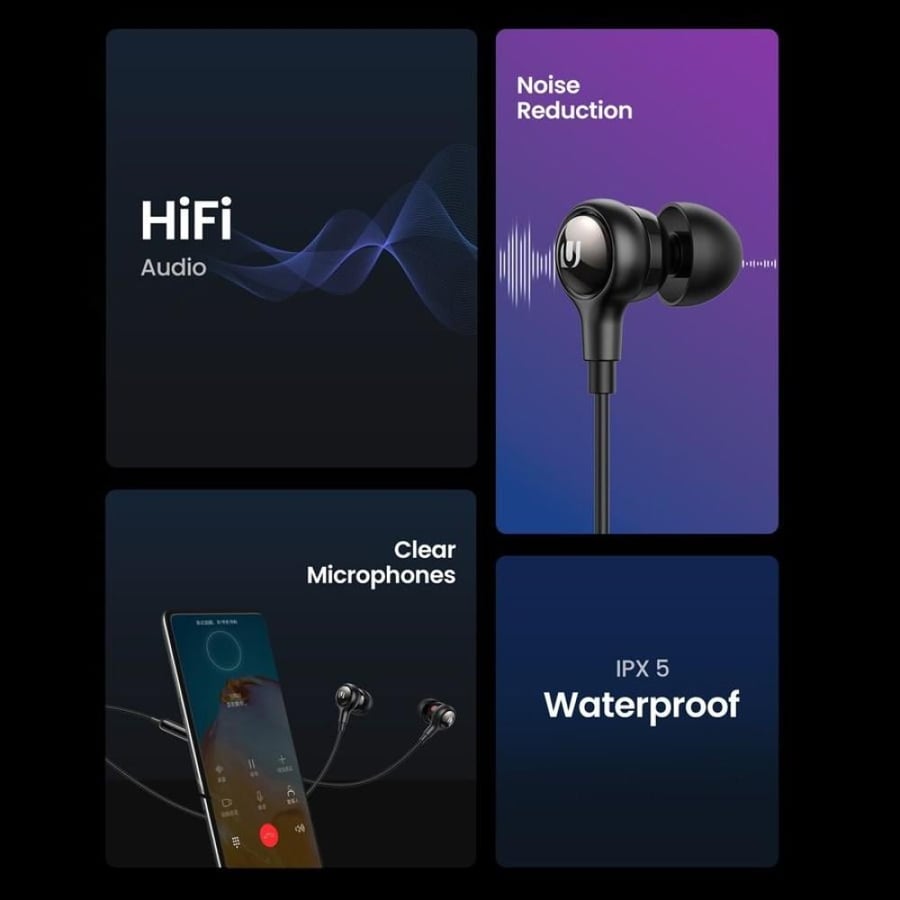 يوجرين سماعة أذن سلكية مع ميكرفون مدمج بوصلة USB|C | أسود