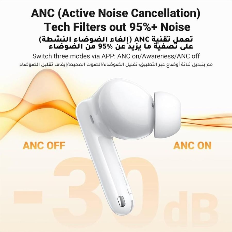 يوجرين سماعة أذن لاسلكية HiTune T3 Pro مع خاصية إلغاء الضوضاء النشط - أبيض