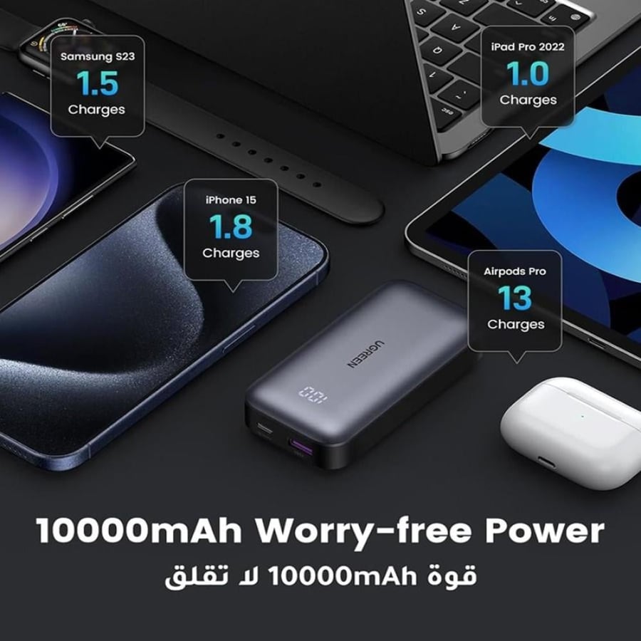 يوجرين باور بانك 10000 mA في الاتجاهين للشحن السريع 30 واط - رمادي