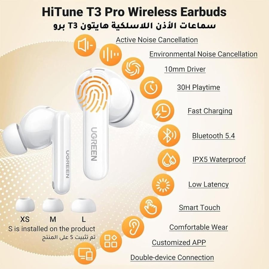 يوجرين سماعة أذن لاسلكية HiTune T3 Pro مع خاصية إلغاء الضوضاء النشط - أبيض