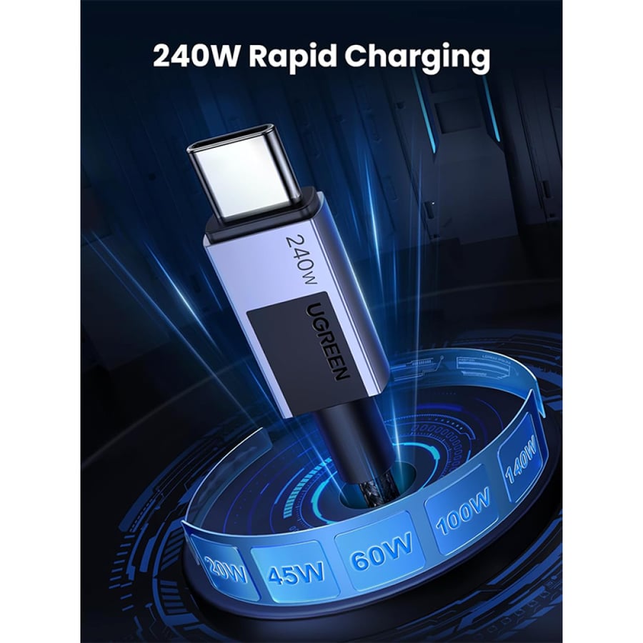 يوجرين سلك شاحن USB-C إلى USB-C مظفر بقوة 240 واط وبطول 2 م - رمادي