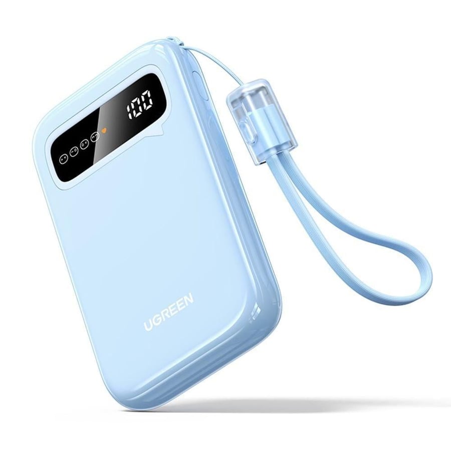 يوجرين شاحن متنقل بسلك شاحن مدمج وبمنفذ USB-C ومنفذ USB بسعة 10000 مللي أمبير وبقوة 20 واط - سماوي