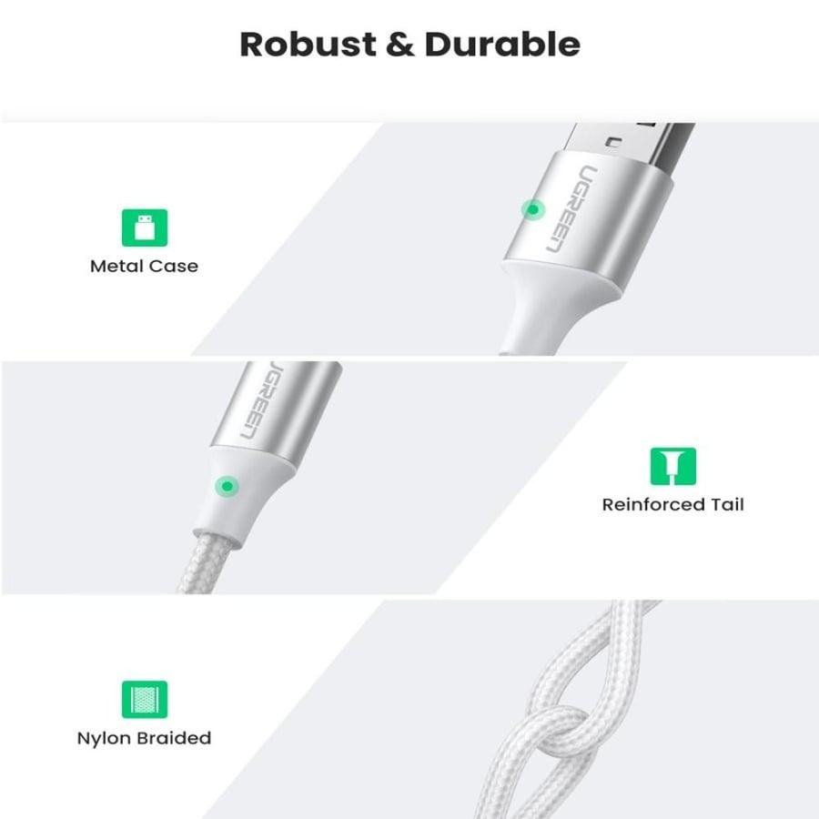 يوجرين سلك شاحن  من USB إلى USB-C مضفر بطول 2 م - أبيض