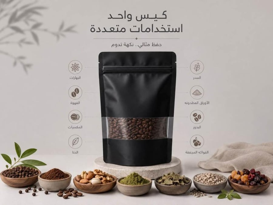 كيس ورق لتعبئة وحفظ القهوة والبهارات لون أسود بنافذة شفافة-500 جرام/50كيس