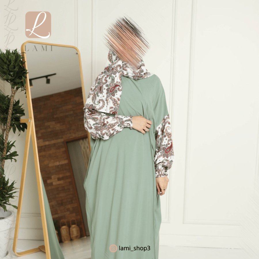 شرشف صلاة سادة وطرحة مشجرة - زيتوني فاتح