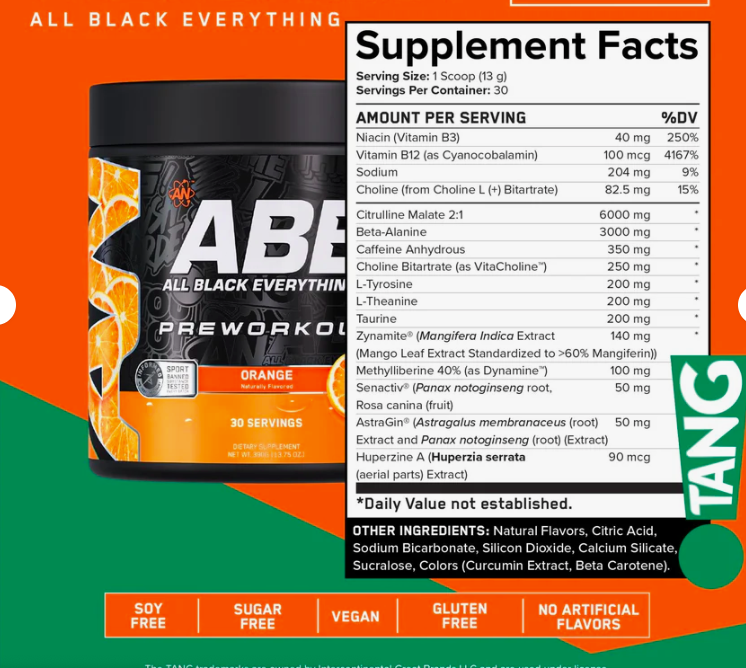 مكمل الطاقة ABE Pre-Workout (All Black Everything) - نكهة تانج البرتقال المنعشة - 30 حصة