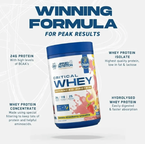 كريتيكال واي بروتين متطور بنكهة سموذي الموز بالفراولة | Applied Nutrition Critical Whey Advanced Protein -Banana strawberry smoothie 825g