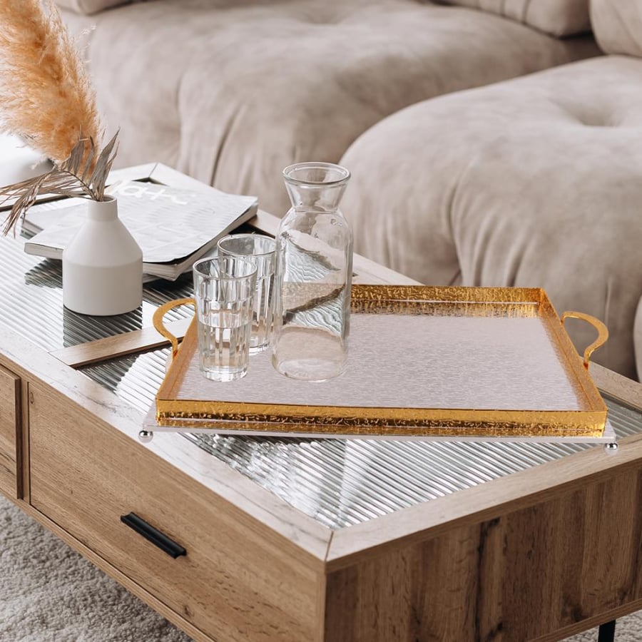 SOOL STAR Rectangular Golden Tray with Mirror and Handles