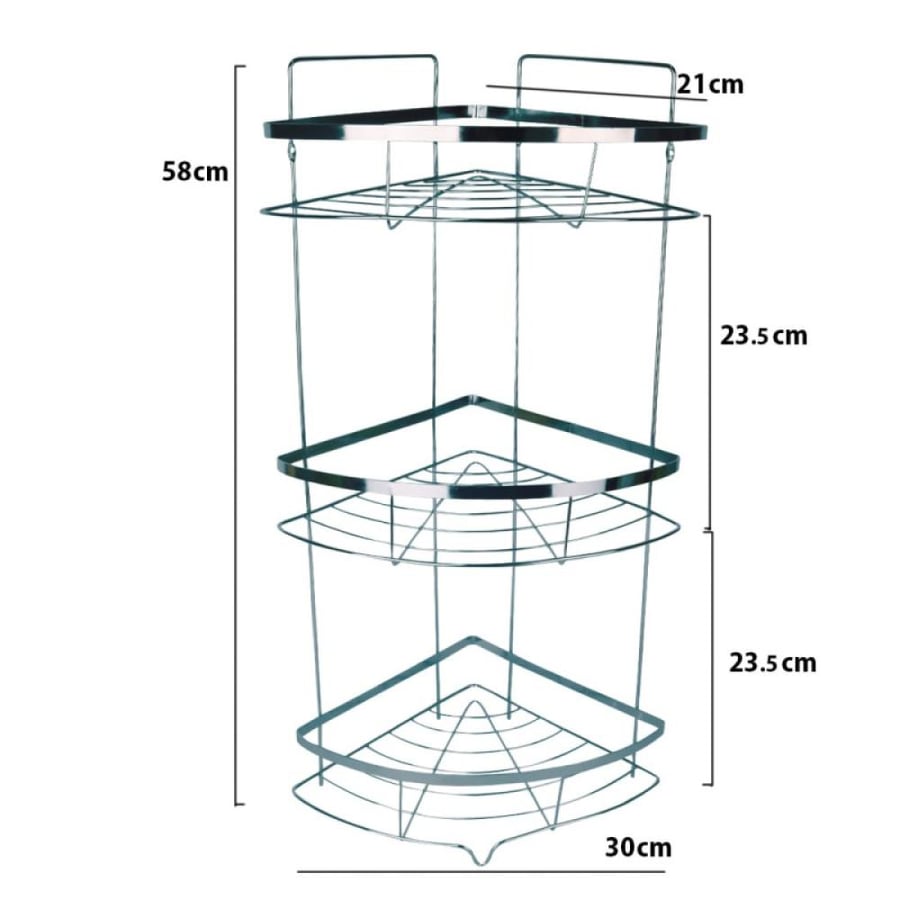 رف زاوية مكون من ثلاث طبقات من الستانلس ستيل للحمام - 58x30x21 سم - فضي