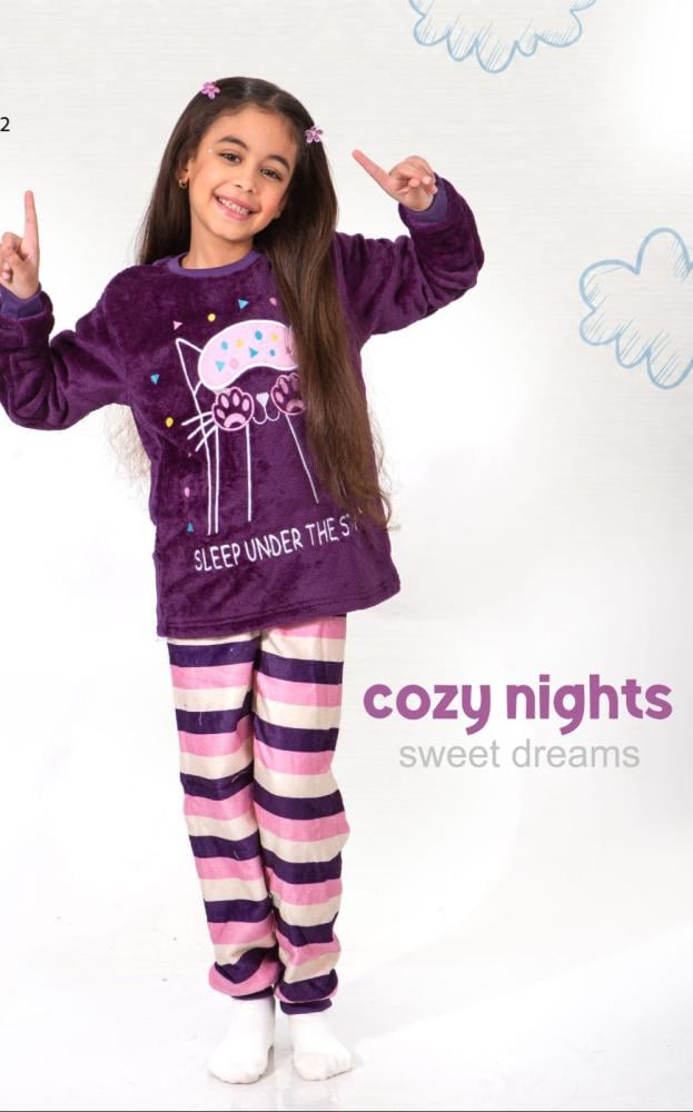 بيجاما / ترنج شتوي بناتي من الفليس الناعم بتصميم قطة لطيفة وعبارة "Cozy Nights