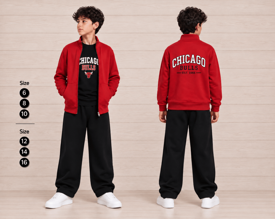 ترنج أولادي خروج 3 قطع شيكاغو CHICAGO BULLS – ميلتون مبطن فاخر قطن 100% مع تيشيرت قطني – أحمر وأسود