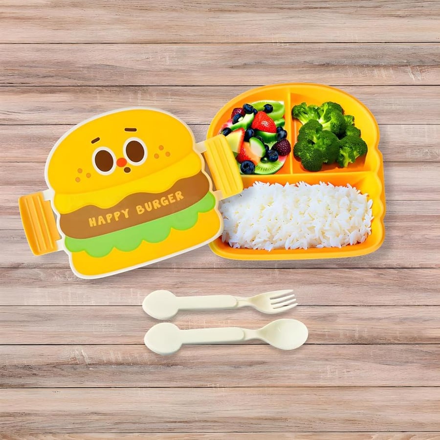 Lunch box for children in the shape of a burger – with fork and spoon – AL-11235-5