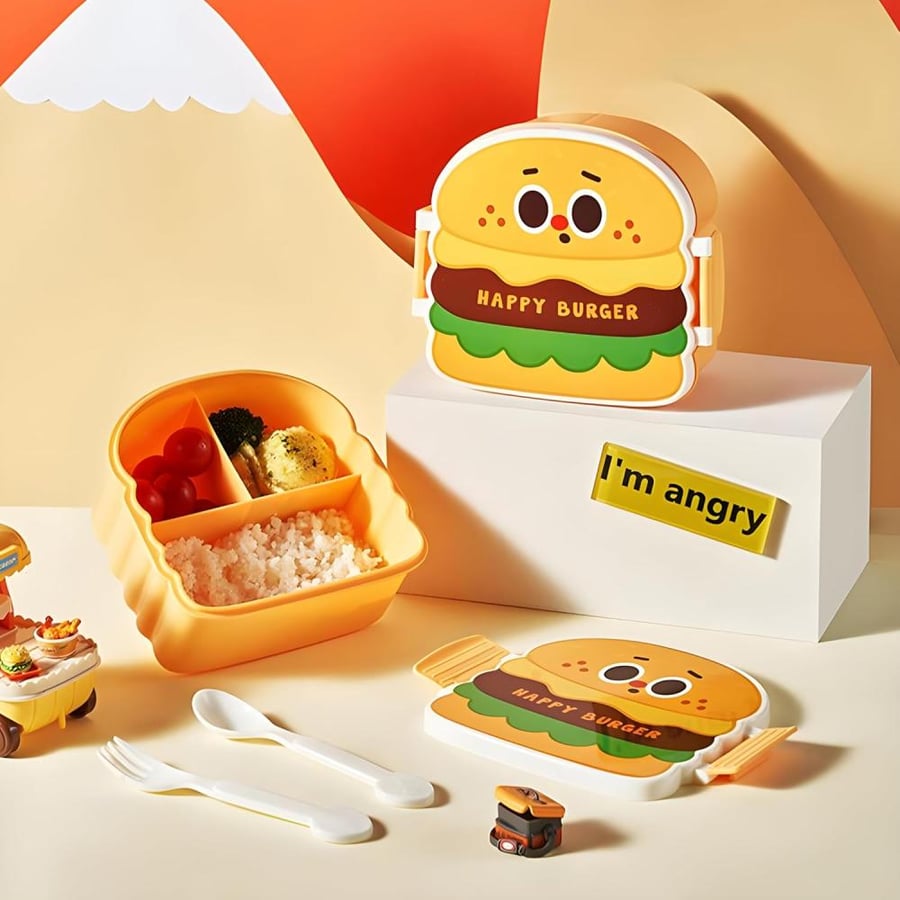 Lunch box for children in the shape of a burger – with fork and spoon – AL-11235-5