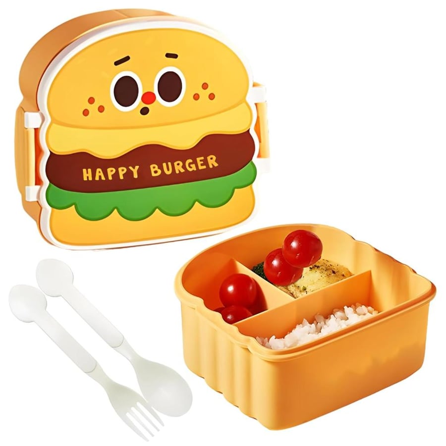 Lunch box for children in the shape of a burger – with fork and spoon – AL-11235-5