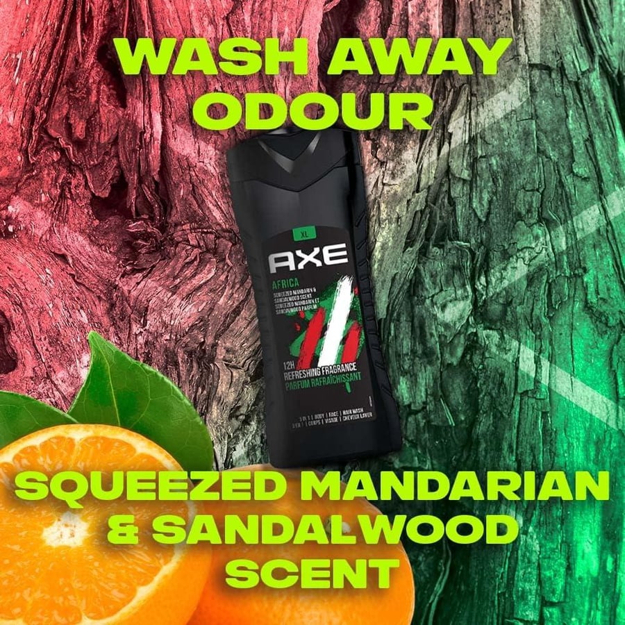 X body, face, and hair wash 3 in 1 for men from Africa, with refreshing tangerine and sandalwood scent