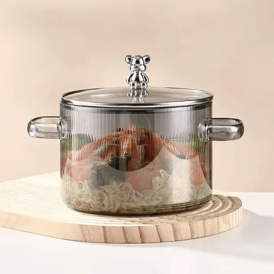 Rola glass cookware for cooking and serving food with a glass lid with a handle