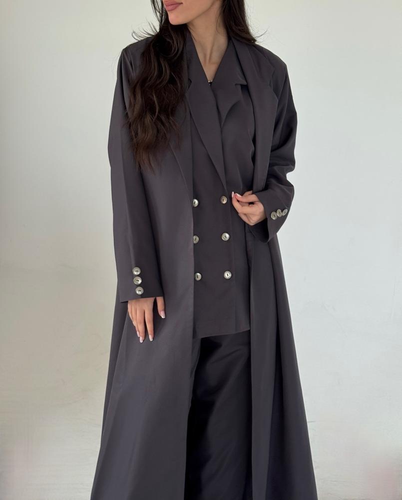 عباية وطقم بليزر باللون الرمادي | Gray soft woven crepe blazer set abaya