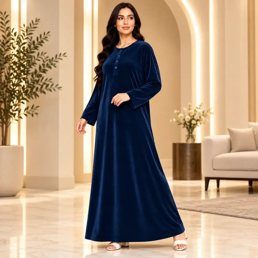 قميص نسائي طويل كحلي سادة بأزرار أمامية – موديل 26405.